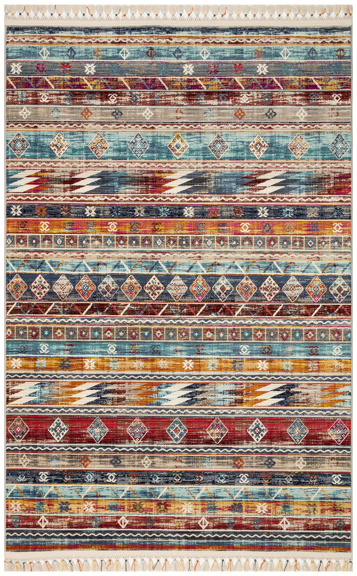 PR 03 Multy - PETRA - Hav Toz Vermez Etnik ve Modern Desenli Renkli Saçaklı Halı