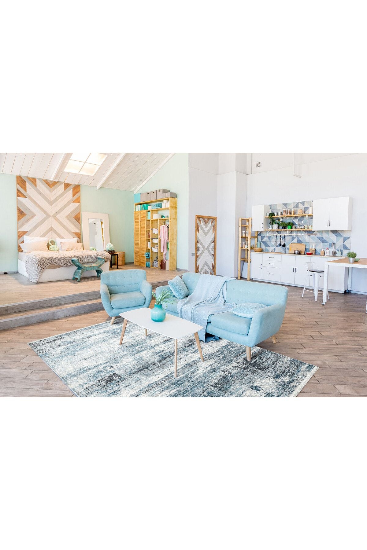 VR 02 GREY BLUE XW V1 - Yumuşak İpeksi Tuşeli Yüksek Alçak Oymalı Modern İnce Makine Halısı