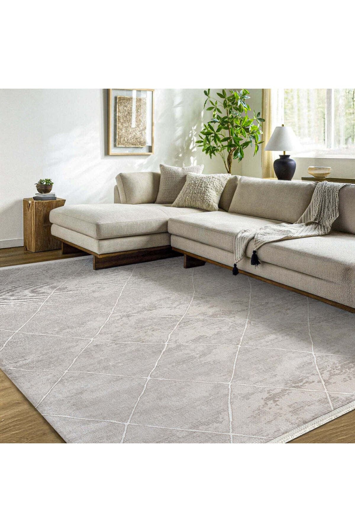 Zen 1060 Bej Geometrik Mikrofiber Polyester Makine Alan Halısı