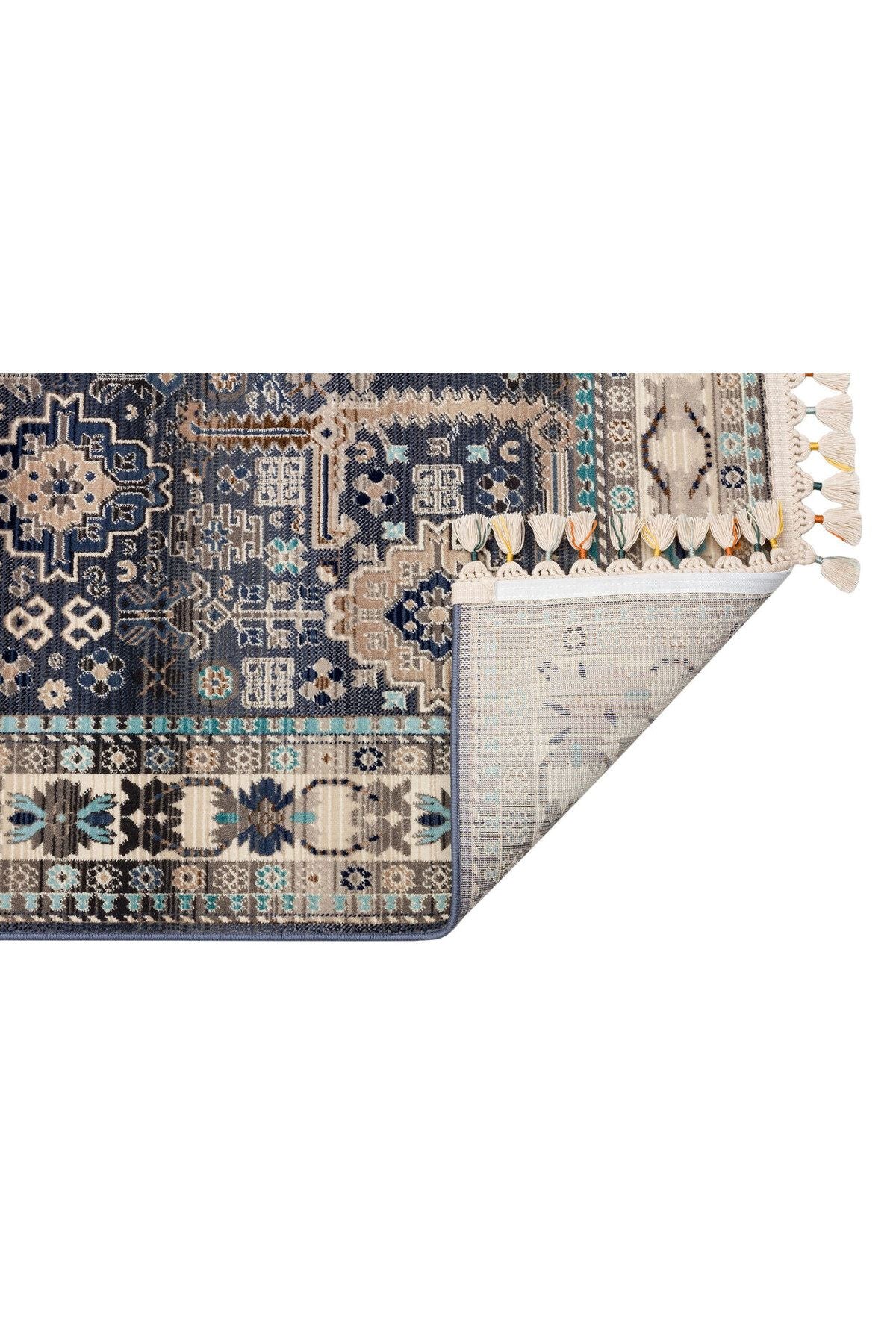 PR 07 BLUE - Hav Toz Vermez Etnik ve Modern Desenli Renkli Saçaklı Halı