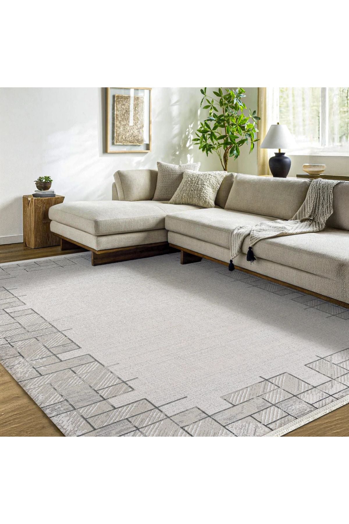 Olivya 1081 Bej Geometrik Akrilik Makine Halısı