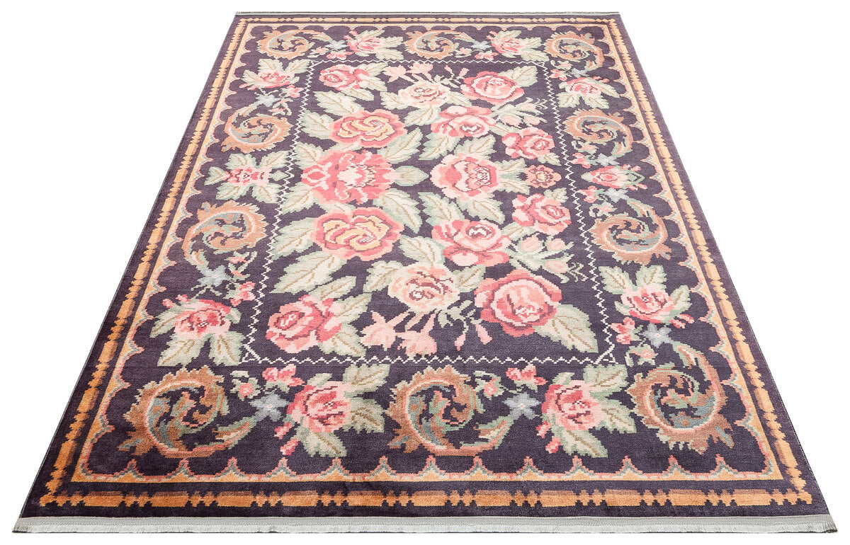 Antıque ATK 02 Siyah - Yıkanabilir Kaymaz Antik Desenli Otantik Kilim