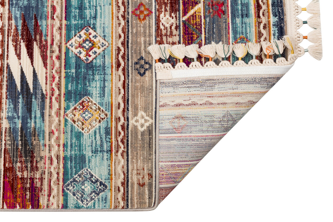 PR 03 MULTY - PETRA - Hav Toz Vermez Etnik ve Modern Desenli Renkli Saçaklı Halı