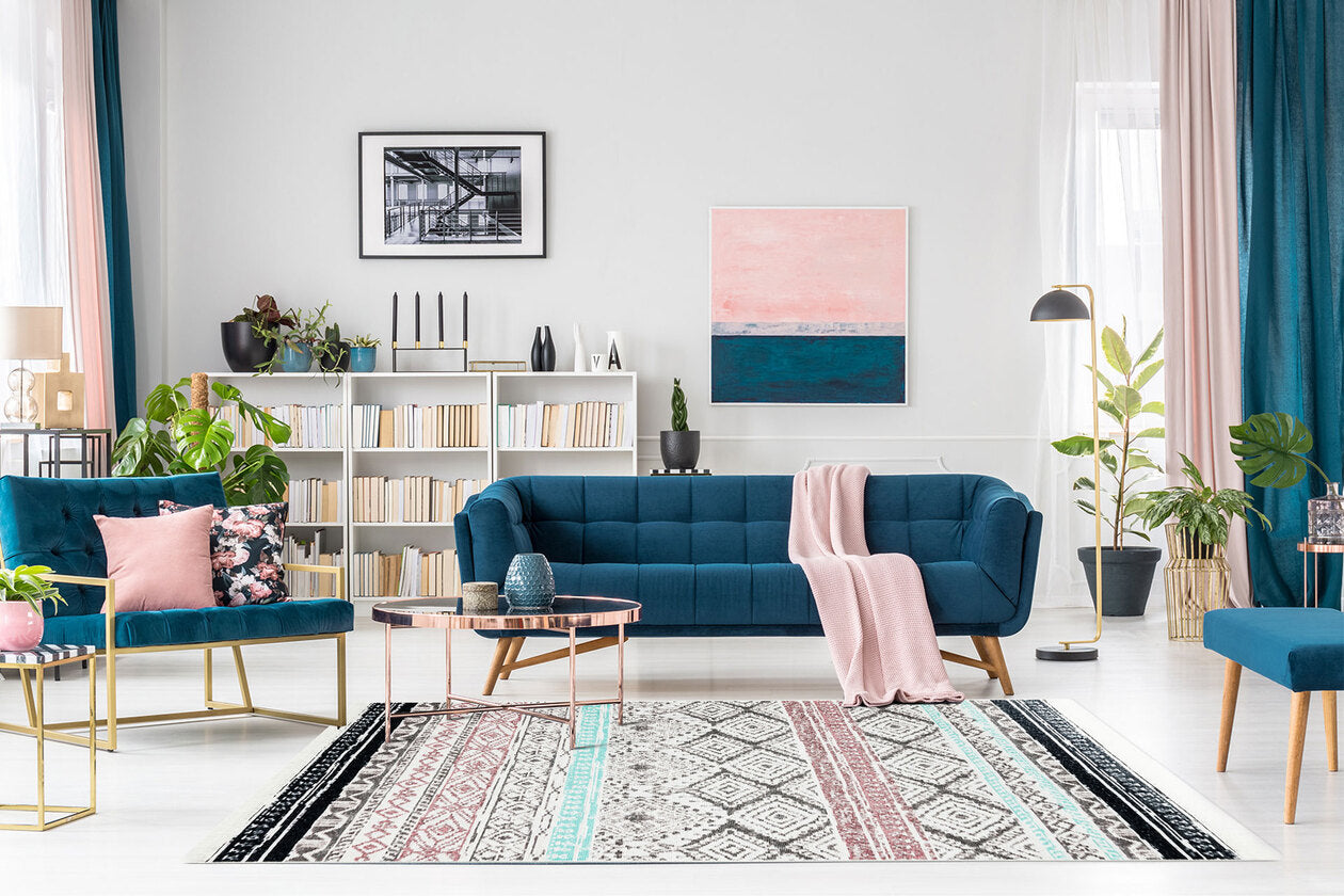 AR 04 PINK AQUA - ARYA - Yıkanabilir Çift Taraflı Modern Desenli Dokuma Kilim