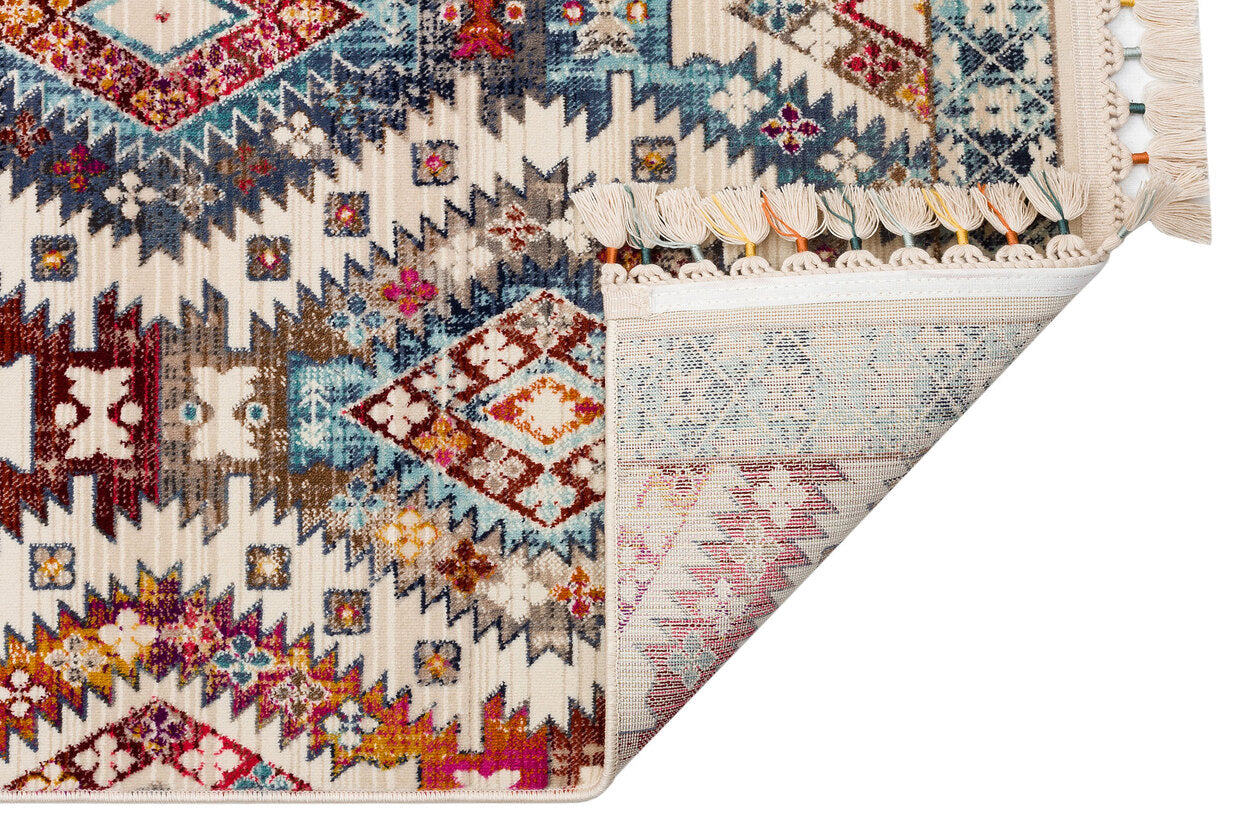 PR 08 MULTY - PETRA - Hav Toz Vermez Etnik ve Modern Desenli Renkli Saçaklı Halı