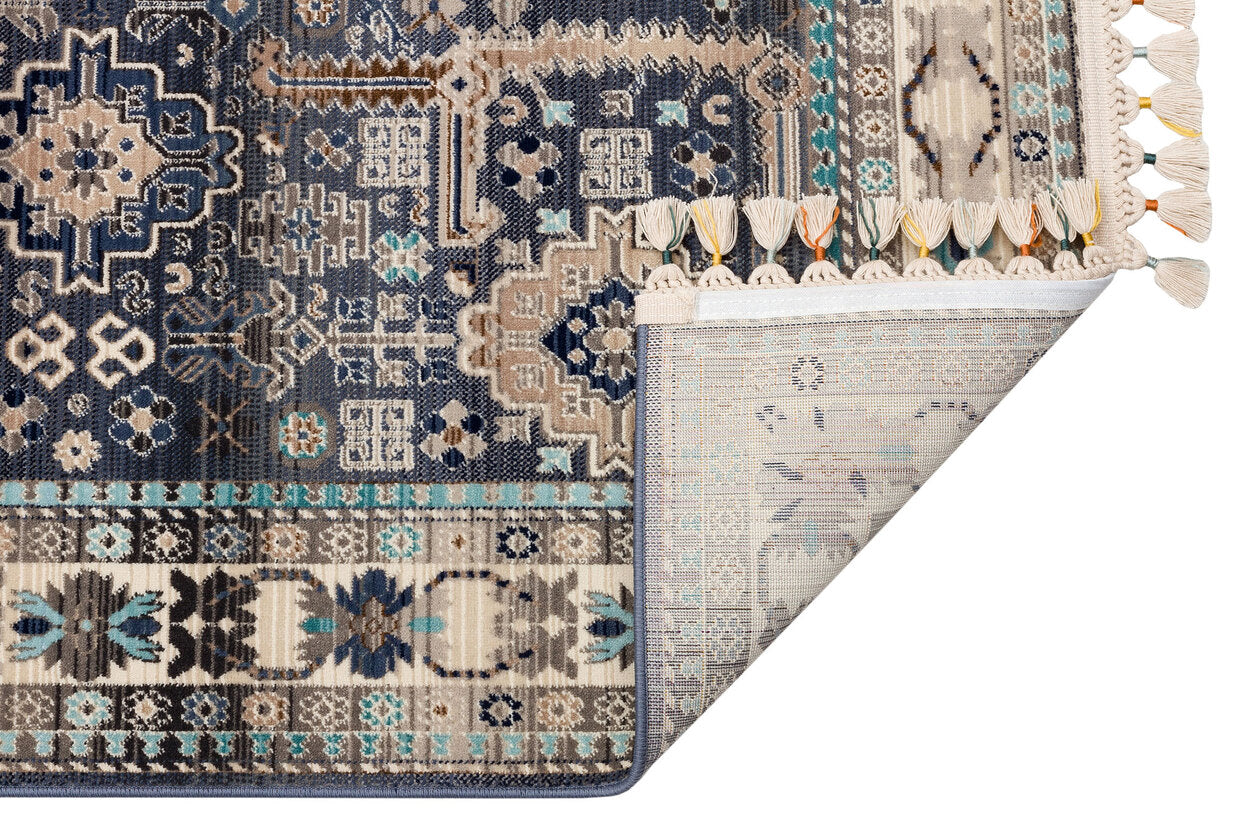 PR 07 BLUE - PETRA - Hav Toz Vermez Etnik ve Modern Desenli Renkli Saçaklı Halı