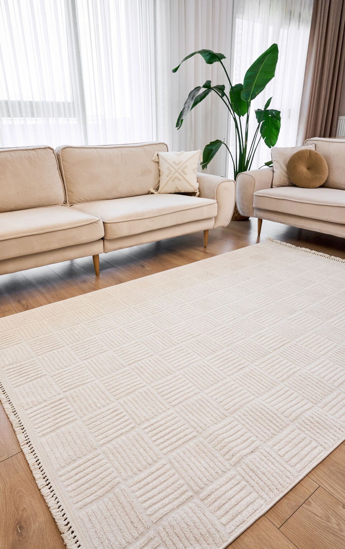 Anemon 6821 Beyaz - Polyester Dokuma Halı | İskandinav Salon Halısı