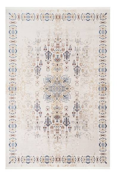 KOZA NOSTALGIA A3011D Krem-Mavi Yumuşak ve Parlak Tuşeli Otantik Desenli Çerçeveli Salon ve Oturma Odası Halısı