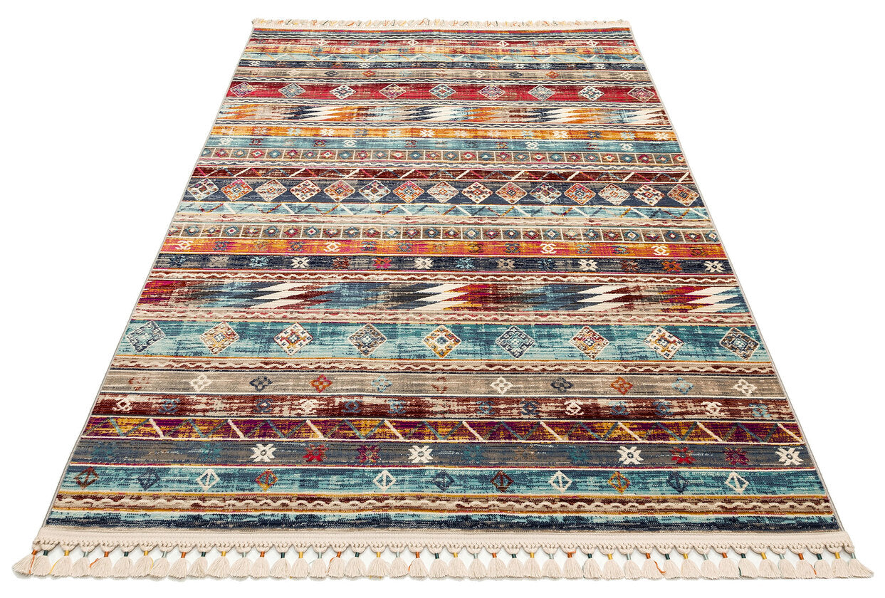 PR 03 MULTY - PETRA - Hav Toz Vermez Etnik ve Modern Desenli Renkli Saçaklı Halı