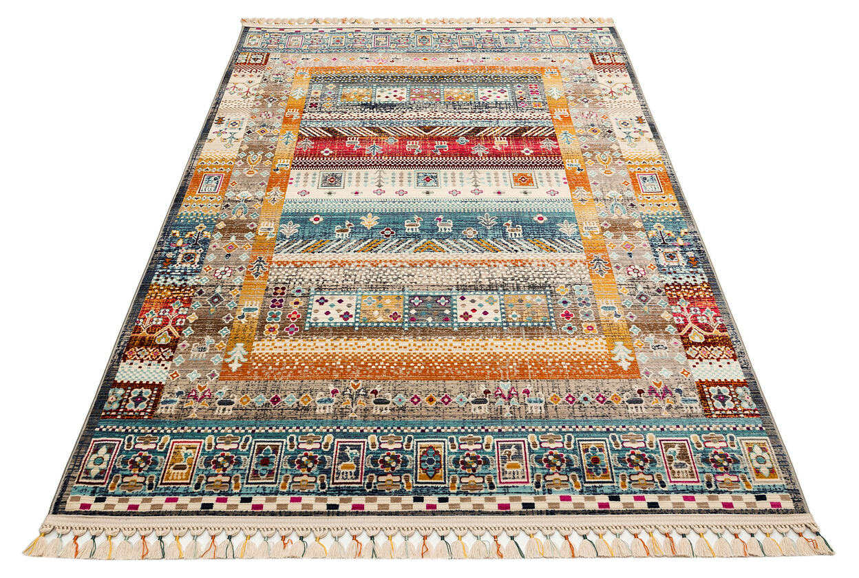PR 09 MULTY - PETRA - Hav Toz Vermez Etnik ve Modern Desenli Renkli Saçaklı Halı
