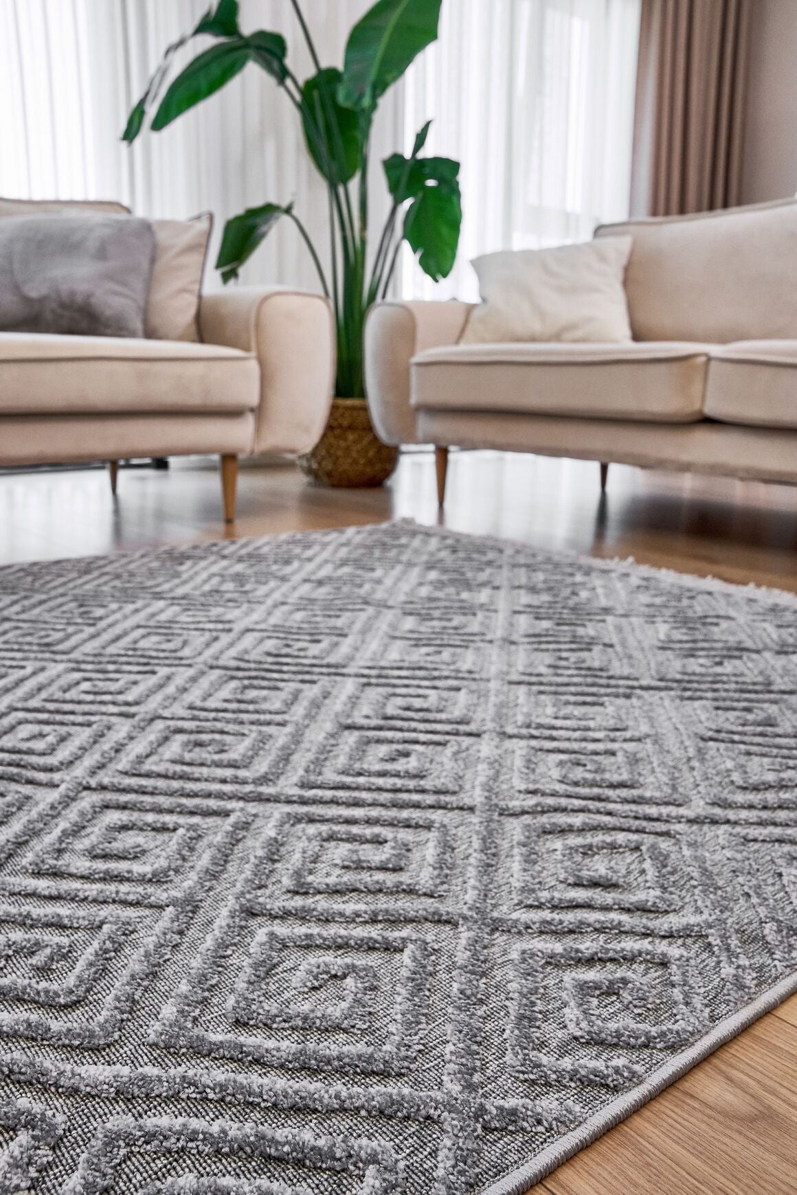Anemon 6814 Gri - Polyester Dokuma Halı | İskandinav Salon Halısı