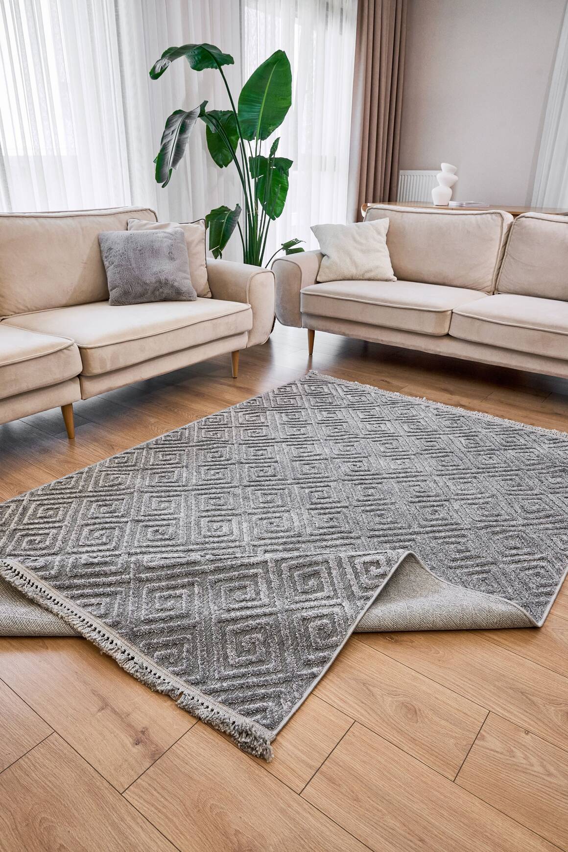 Anemon 6814 Gri - Polyester Dokuma Halı | İskandinav Salon Halısı