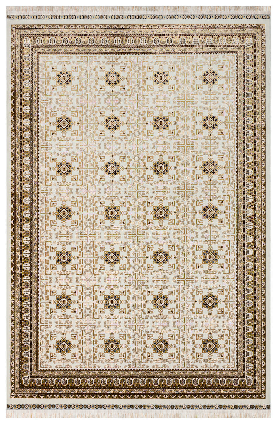 Sateen Afghan SFG 03 Bej - Yıkanabilir Afgan Desenli Hav Toz Vermeyen Kaymaz Tabanlı Sık Dokuma Halı