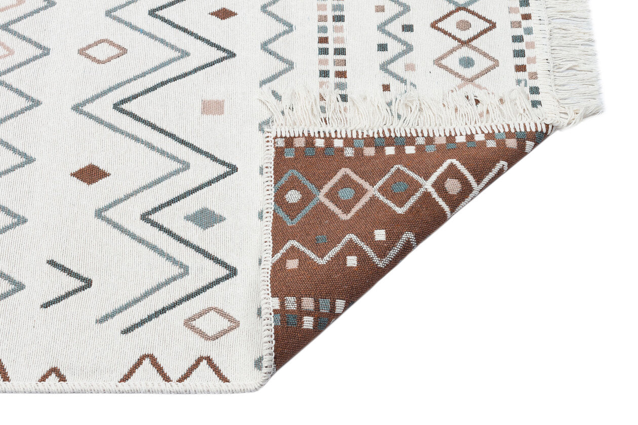 Arya AR 05 Bej Mavi - Yıkanabilir Çift Taraflı Modern Dokuma Kilim