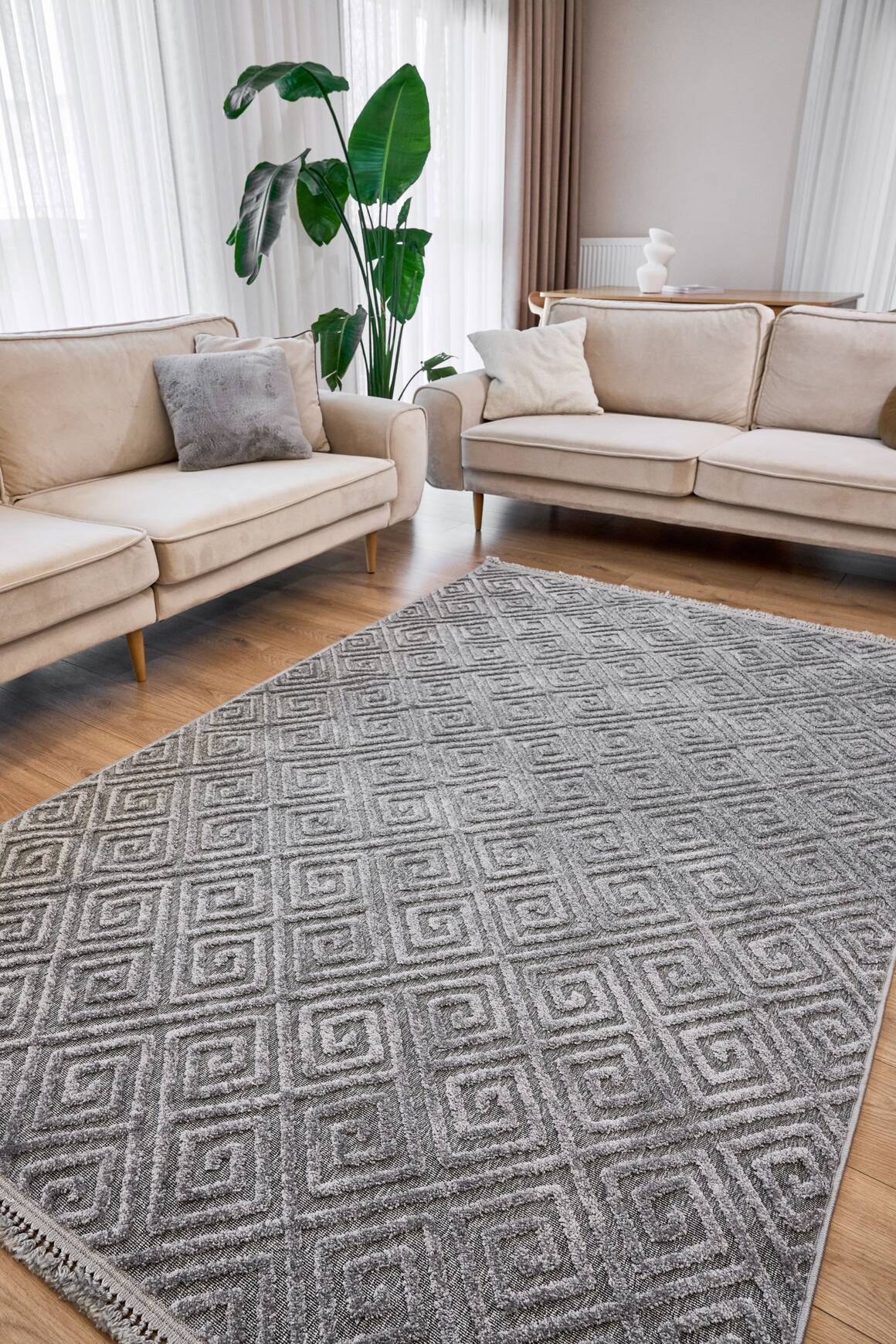 Anemon 6814 Gri - Polyester Dokuma Halı | İskandinav Salon Halısı