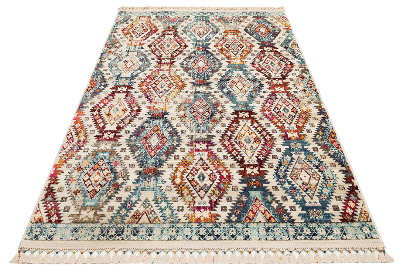 PR 08 MULTY - PETRA - Hav Toz Vermez Etnik ve Modern Desenli Renkli Saçaklı Halı
