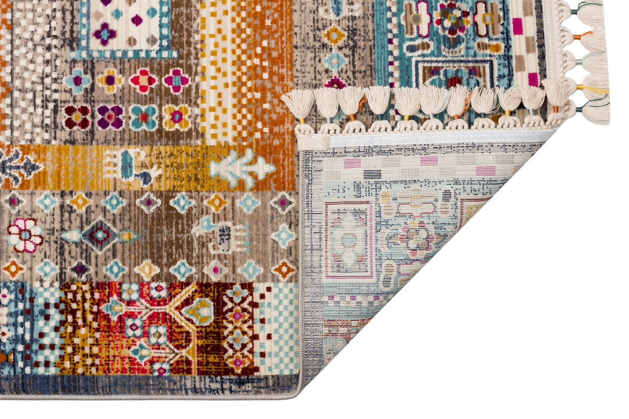 PR 09 MULTY - PETRA - Hav Toz Vermez Etnik ve Modern Desenli Renkli Saçaklı Halı