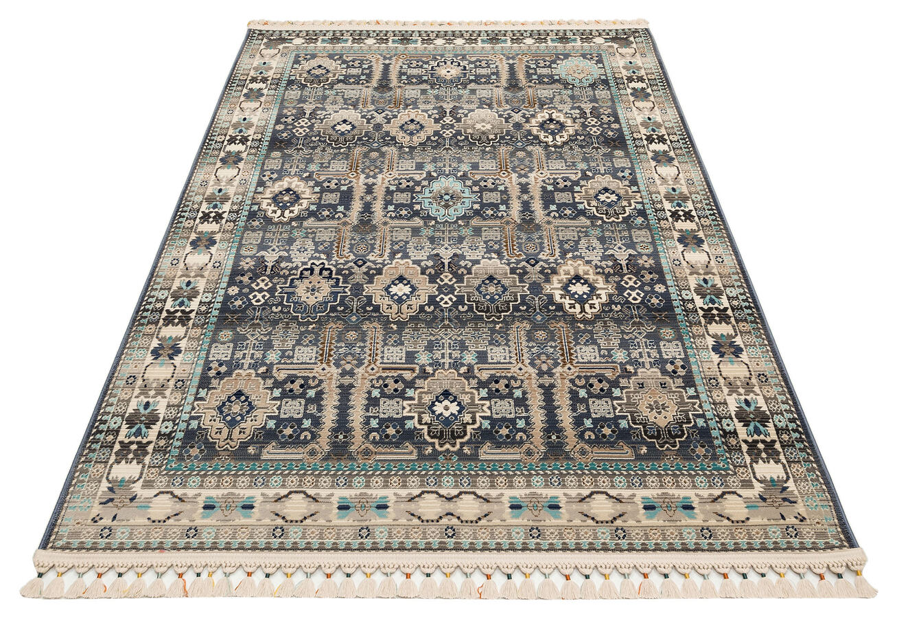 PR 07 BLUE - PETRA - Hav Toz Vermez Etnik ve Modern Desenli Renkli Saçaklı Halı