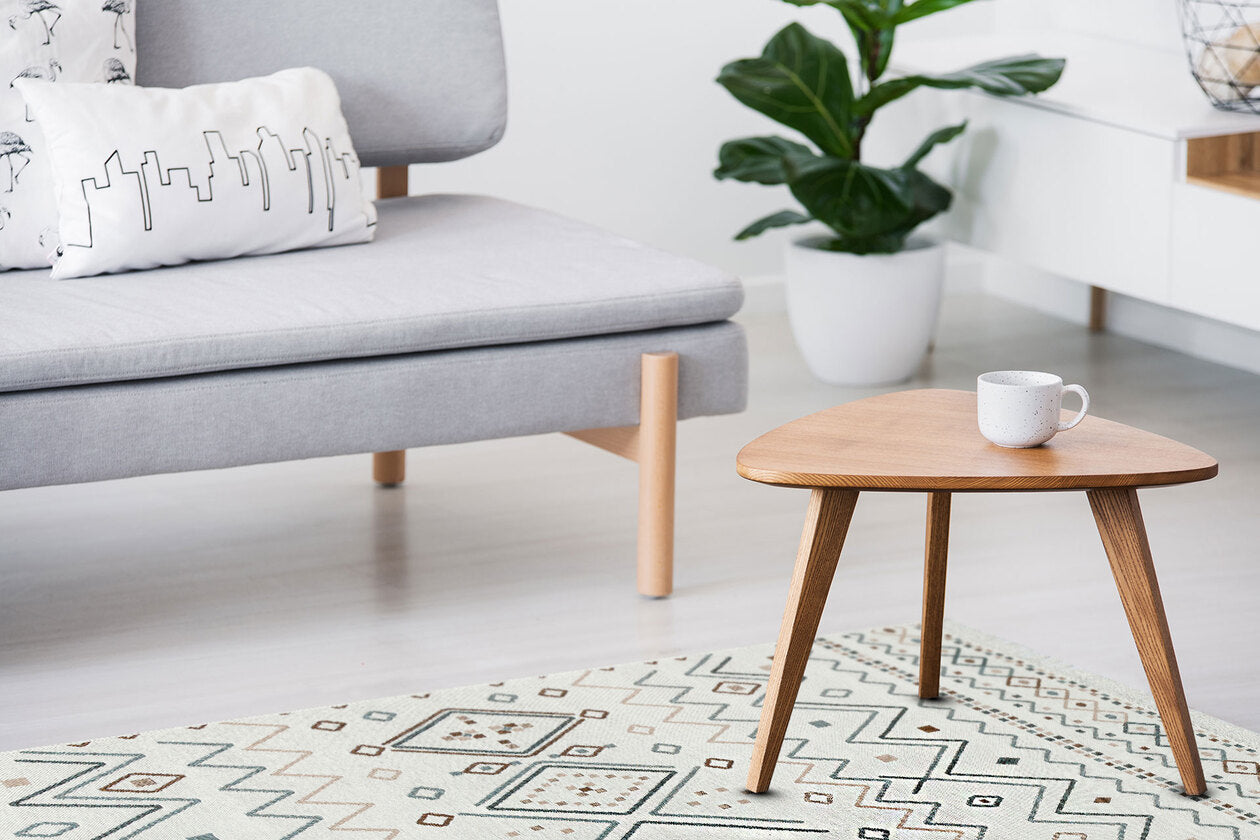 Arya AR 05 Bej Mavi - Yıkanabilir Çift Taraflı Modern Dokuma Kilim
