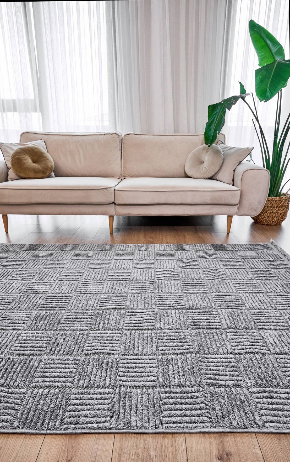 Anemon 6824 Gri - Polyester Dokuma Halı | İskandinav Salon Halısı