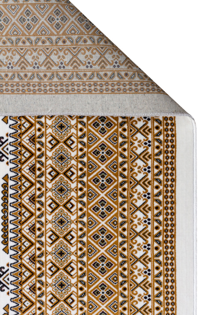 Sateen Afghan SFG 02 Bej Yıkanabilir Afgan Desenli Hav Toz Vermeyen Kaymaz Tabanlı Sık Dokuma Halı 