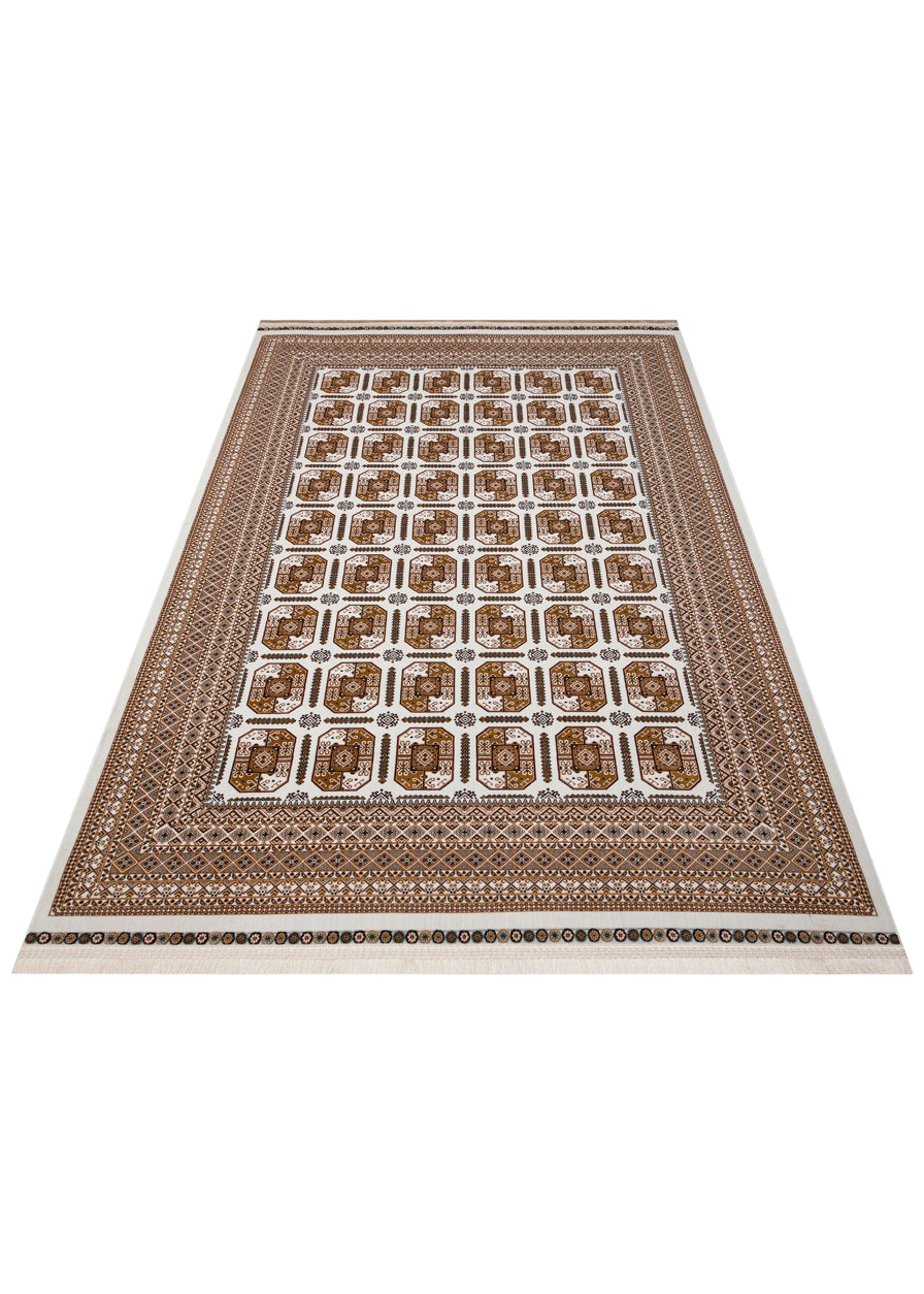Sateen Afghan SFG 02 Bej Yıkanabilir Afgan Desenli Hav Toz Vermeyen Kaymaz Tabanlı Sık Dokuma Halı 