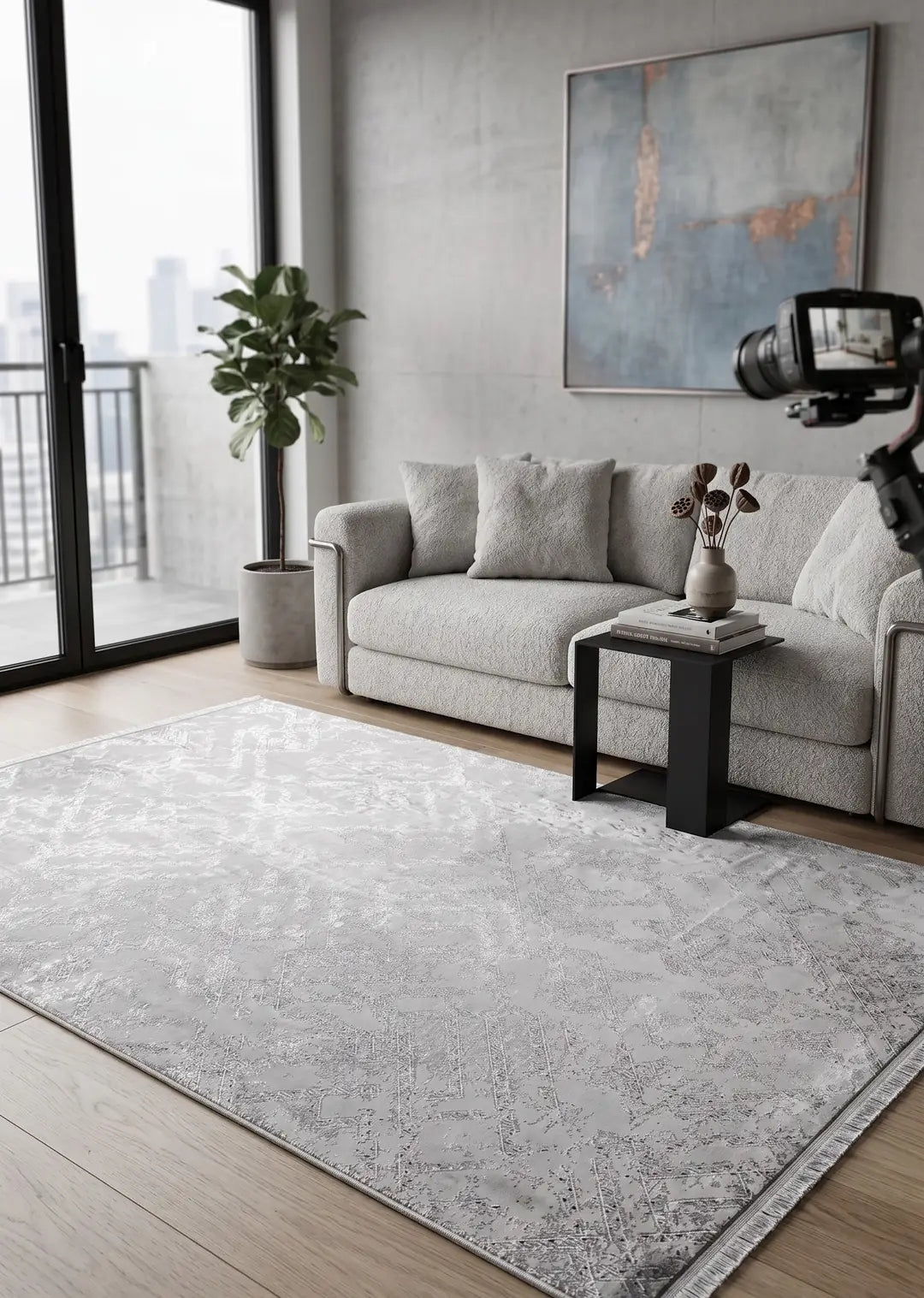 Cotton 1136 Gri Modern Tasarımlı Kaymaz Tabanlı Makine Halısı