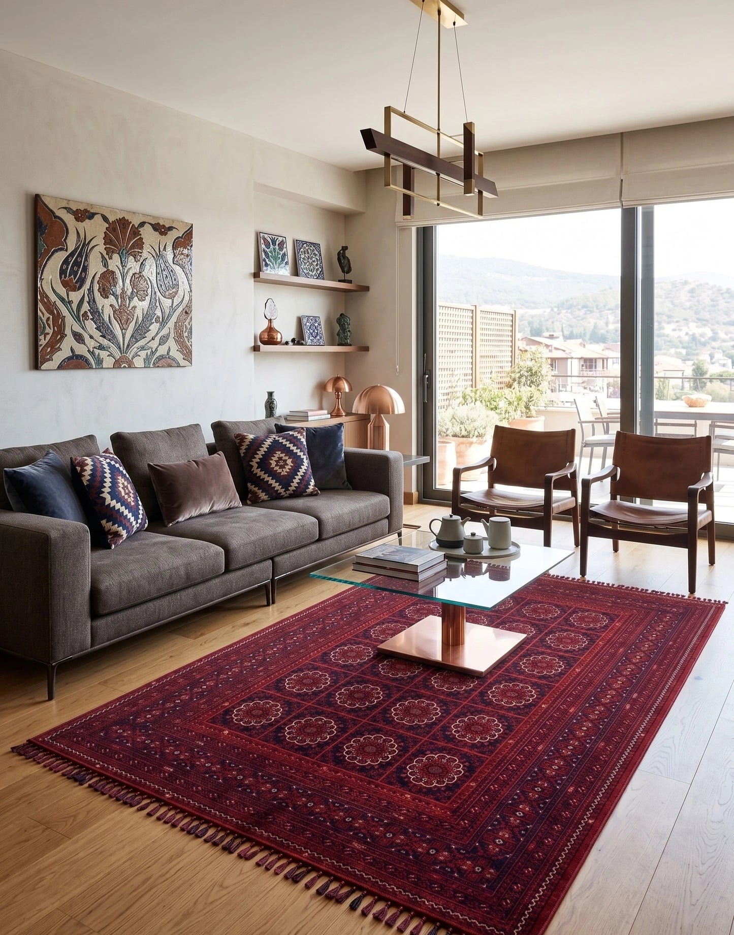 Buhara 1151 Kırmızı Etnik Desenli Eskitme Tarzlı Çerçeveli Salon Halısı