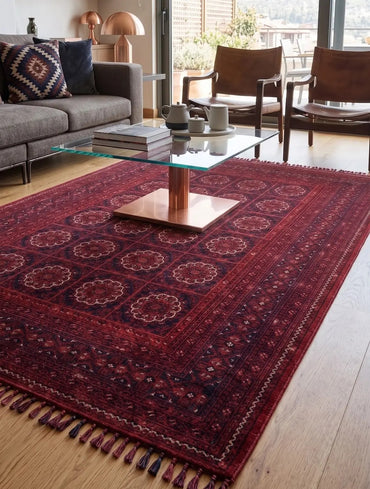 Buhara 1151 Kırmızı Etnik Desenli Eskitme Tarzlı Çerçeveli Salon Halısı