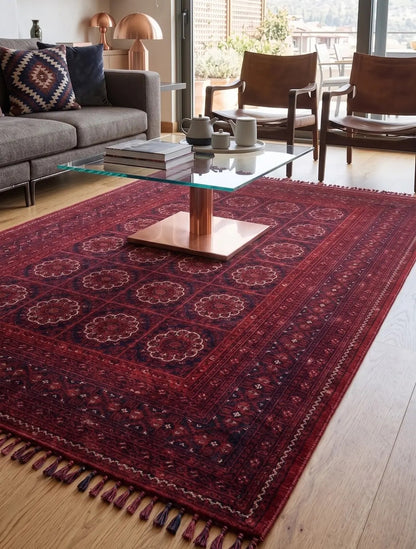 Buhara 1151 Kırmızı Etnik Desenli Eskitme Tarzlı Çerçeveli Salon Halısı