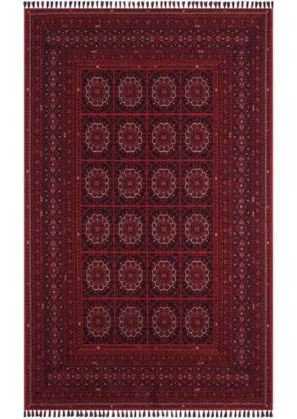 Buhara 1151 Kırmızı Etnik Desenli Eskitme Tarzlı Çerçeveli Salon Halısı