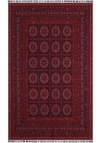 Buhara 1151 Kırmızı Etnik Desenli Eskitme Tarzlı Çerçeveli Salon Halısı