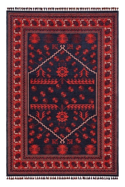 Buhara 1153 Kırmızı Etnik Desenli Eskitme Tarzlı Çerçeveli Salon Halısı