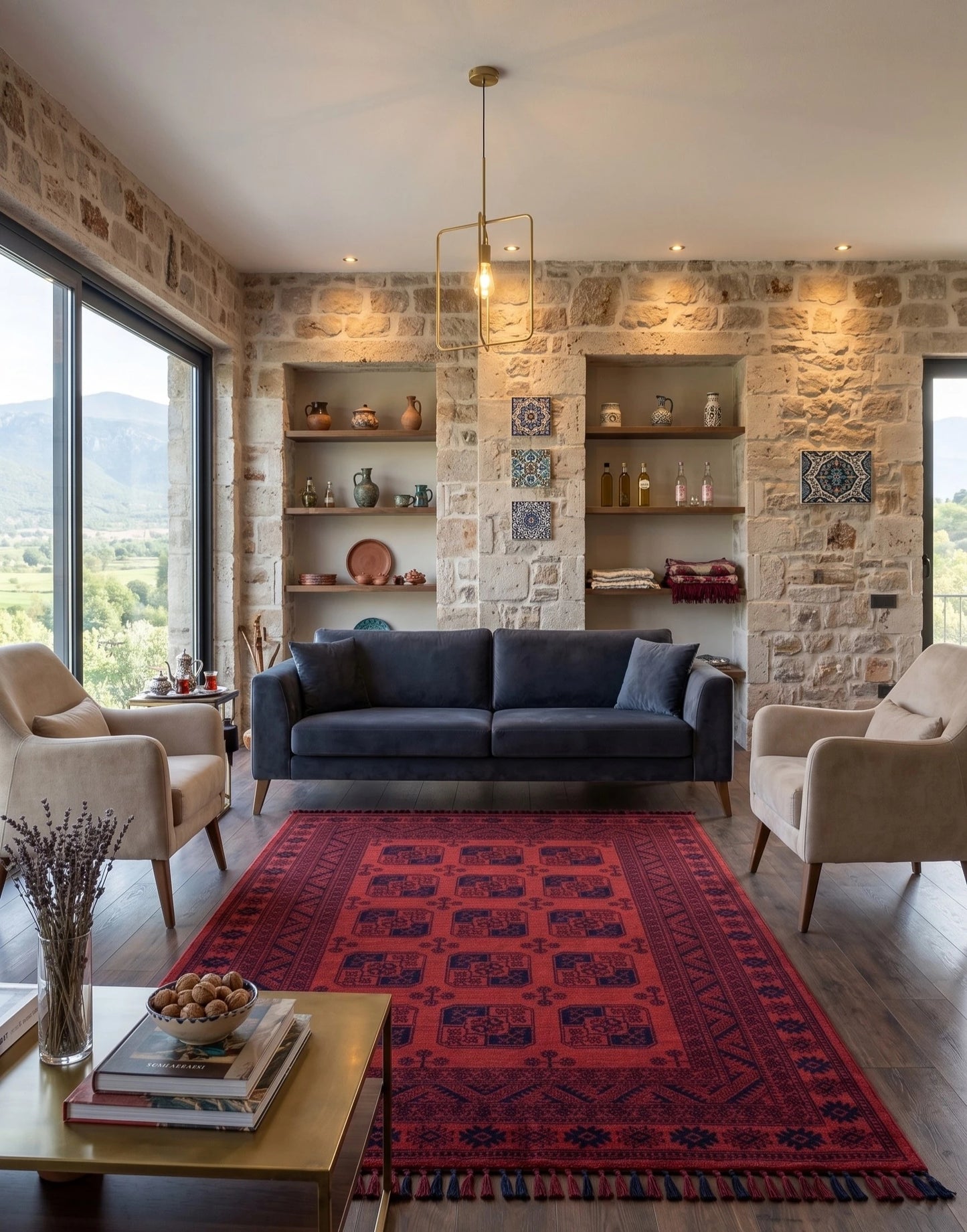 Buhara 1150 Kırmızı Etnik Desenli Eskitme Tarzlı Çerçeveli Salon Halısı