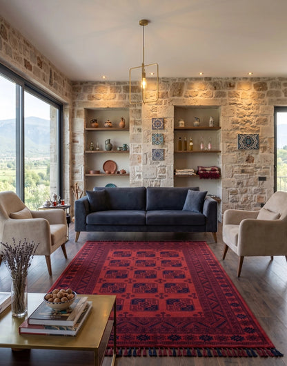 Buhara 1150 Kırmızı Etnik Desenli Eskitme Tarzlı Çerçeveli Salon Halısı