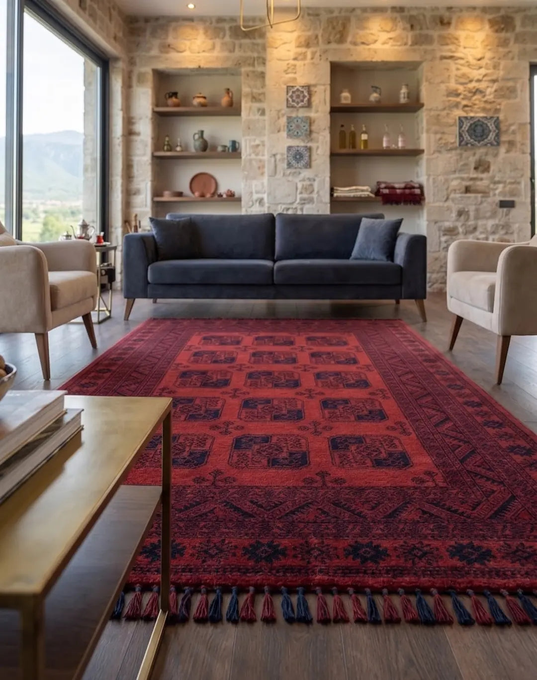 Buhara 1150 Kırmızı Etnik Desenli Eskitme Tarzlı Çerçeveli Salon Halısı
