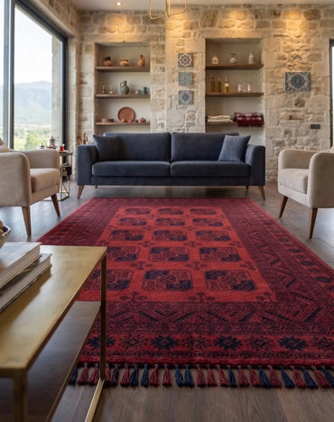 Buhara 1150 Kırmızı Etnik Desenli Eskitme Tarzlı Çerçeveli Salon Halısı