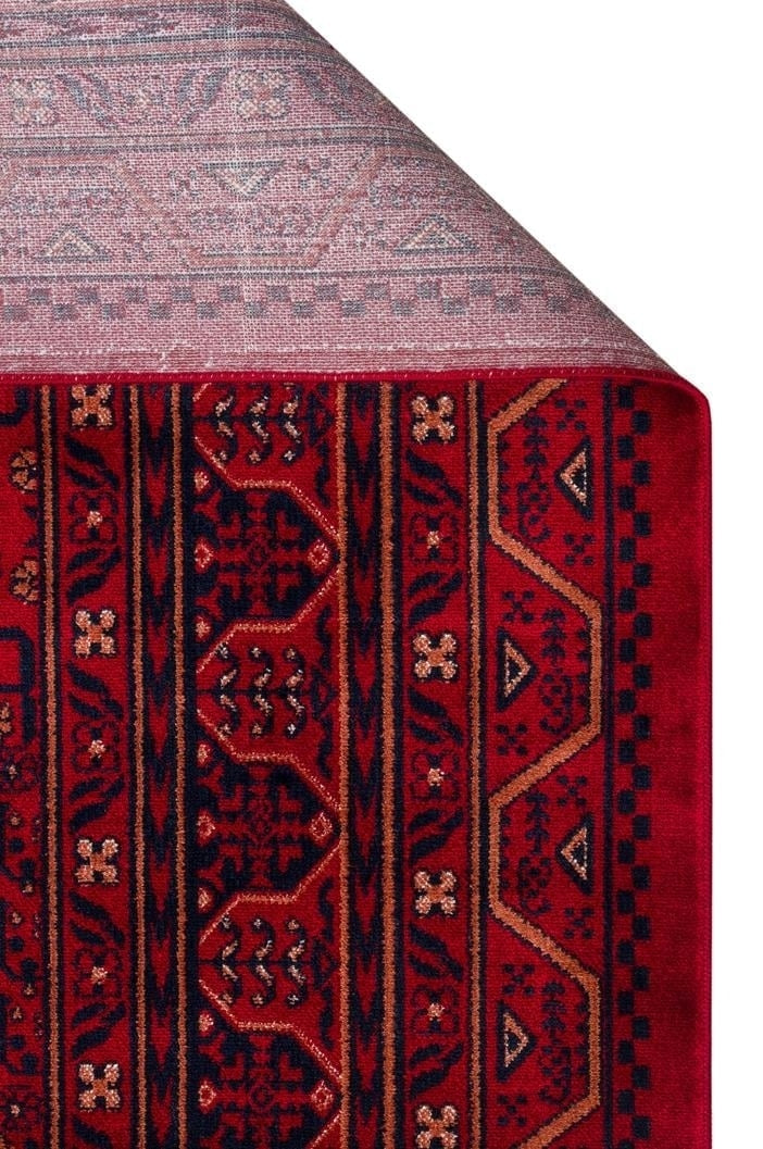 Herat Her 04 Kırmızı - Nostaljik Afgan Desenli İnce Viskon Makine Halısı Kaymaz Tabanlı Sık Dokuma