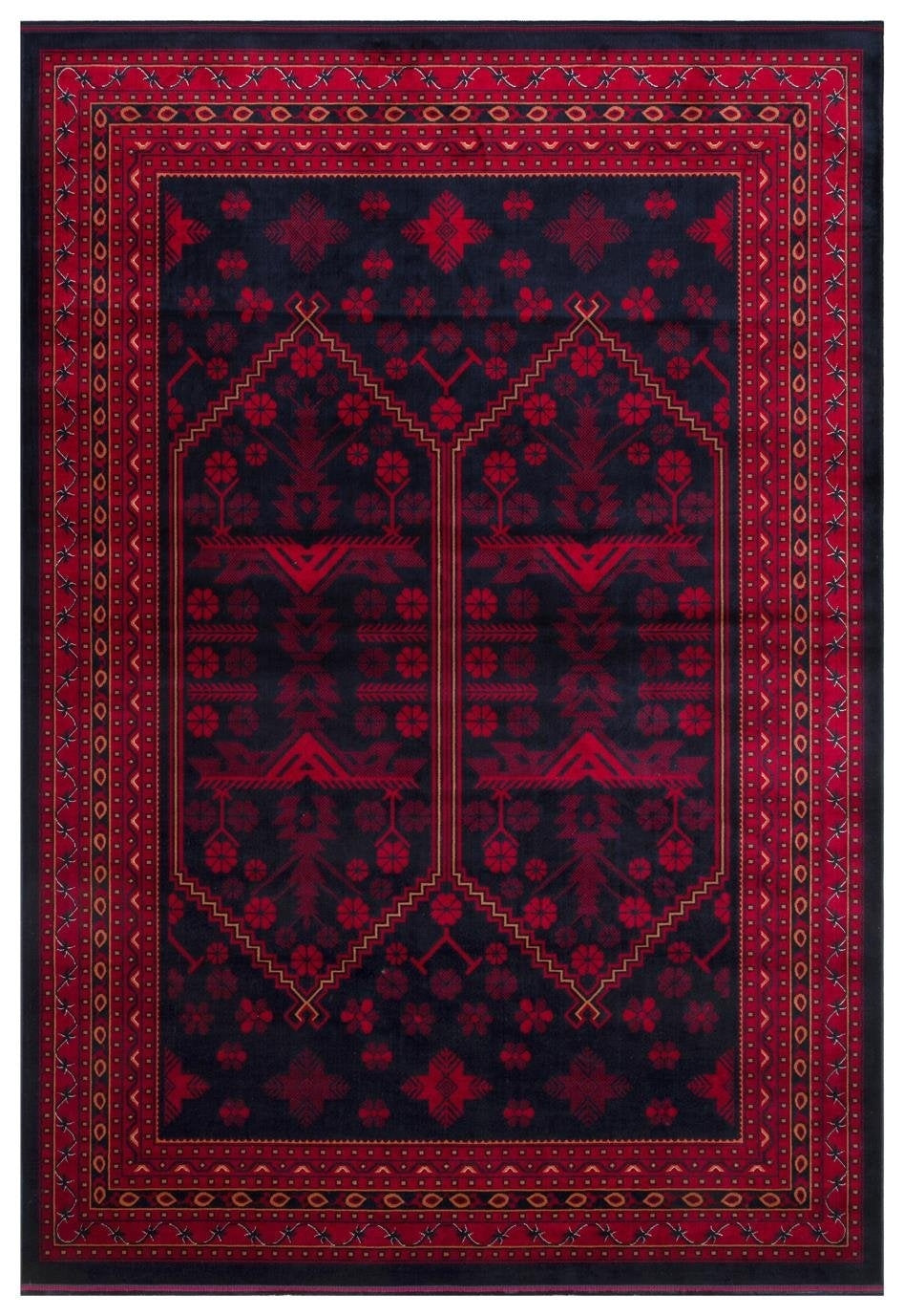 Herat Her 01 Navy - Nostaljik Afgan Desenli İnce Viskon Makine Halısı Kaymaz Tabanlı Sık Dokuma