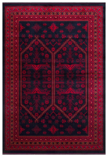 Herat Her 01 Navy - Nostaljik Afgan Desenli İnce Viskon Makine Halısı Kaymaz Tabanlı Sık Dokuma