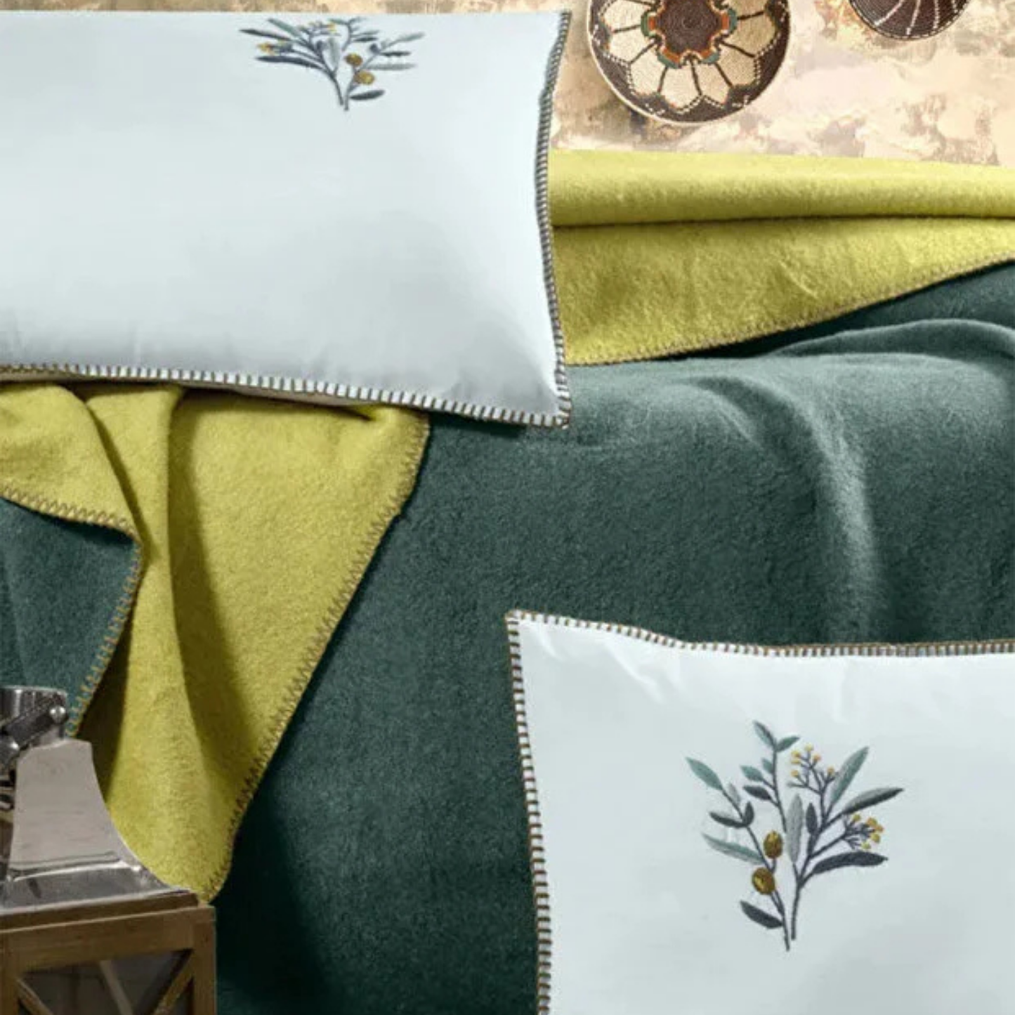 Nakışlı Battaniye Takımı Zeytin Çift Kişilik