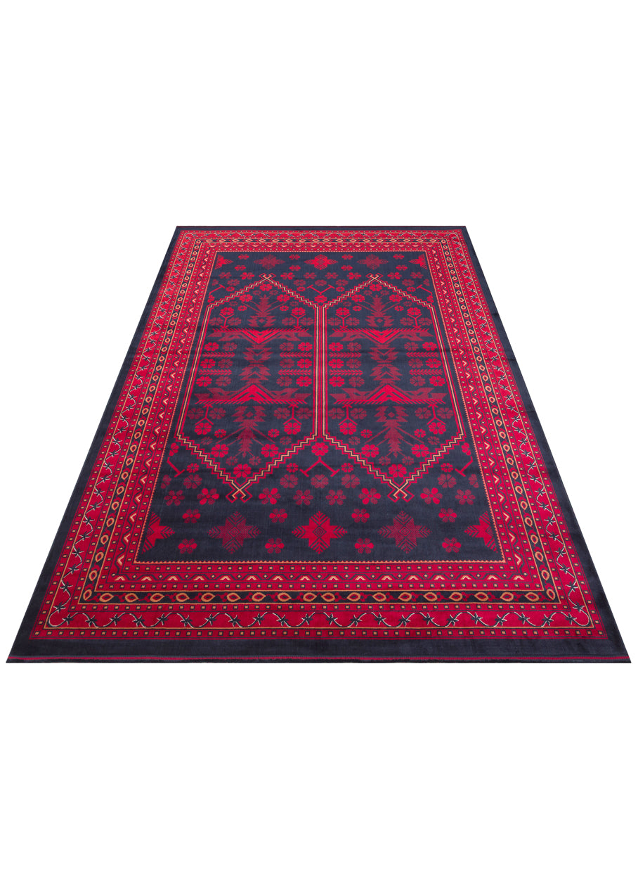 Herat Her 01 Navy - Nostaljik Afgan Desenli İnce Viskon Makine Halısı Kaymaz Tabanlı Sık Dokuma