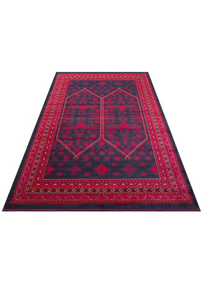 Herat Her 01 Navy - Nostaljik Afgan Desenli İnce Viskon Makine Halısı Kaymaz Tabanlı Sık Dokuma