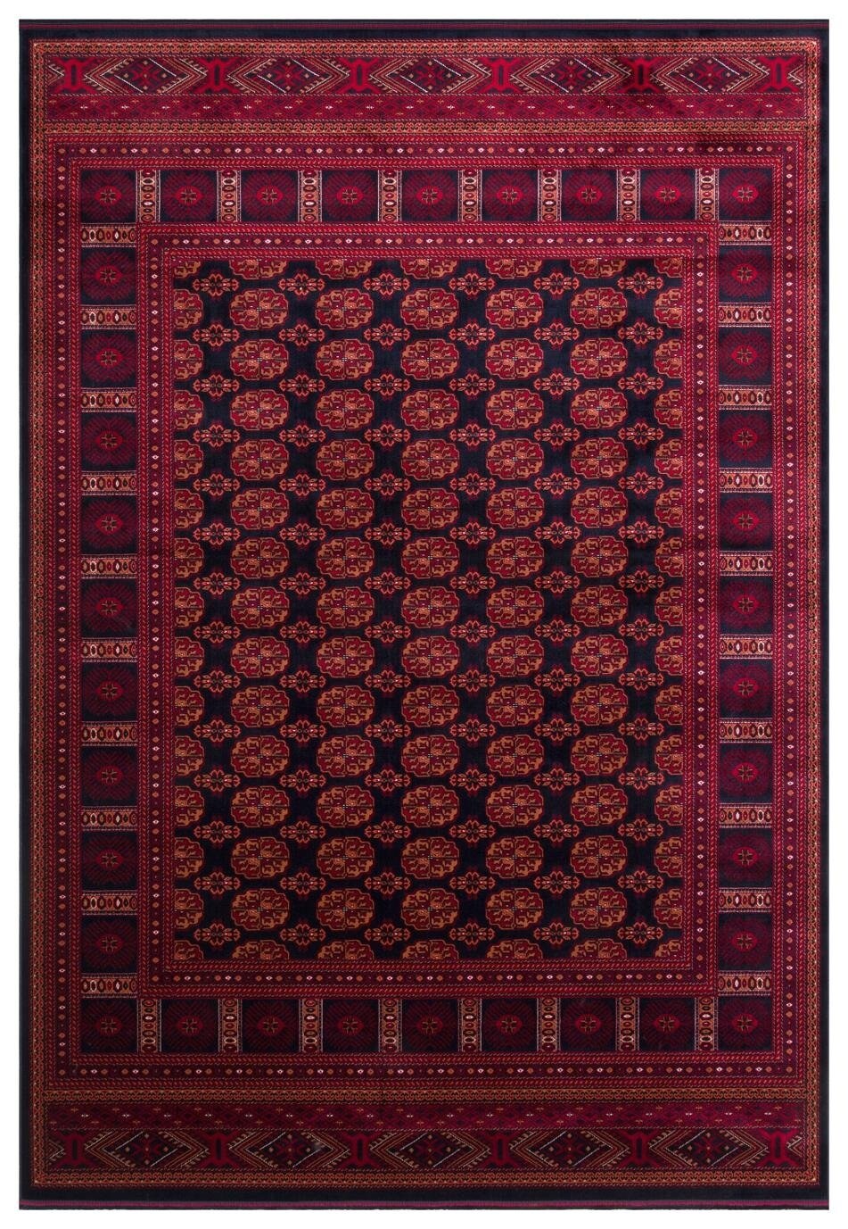 Herat Her 03 Navy - Nostaljik Afgan Desenli İnce Viskon Makine Halısı Kaymaz Tabanlı Sık Dokuma