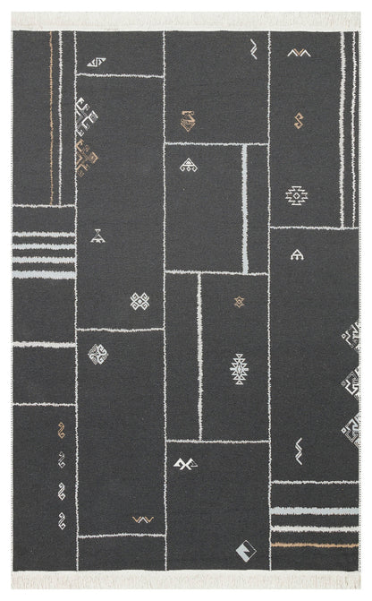Arya AR 41 Krem Siyah - Yıkanabilir Çift Taraflı Modern Dokuma Kilim