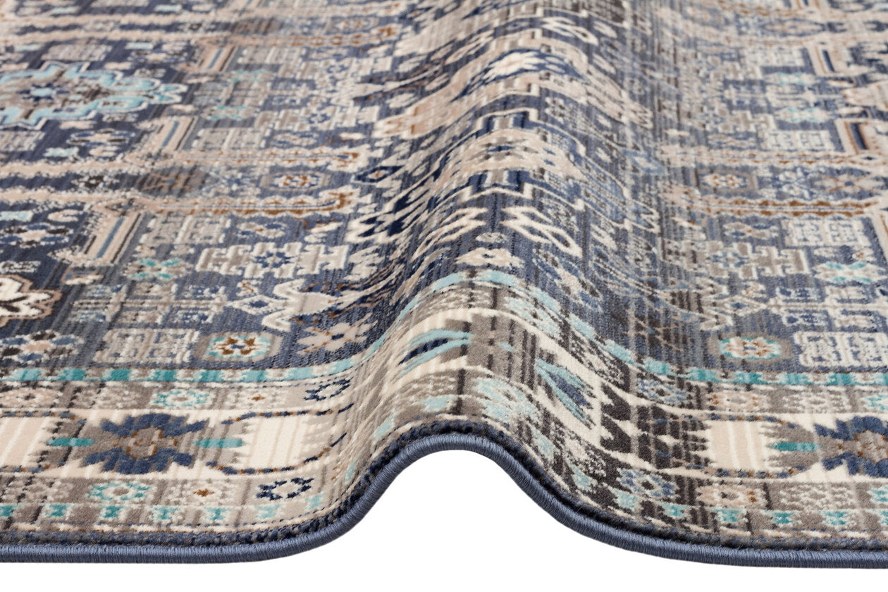 PR 07 BLUE  - PETRA - Hav Toz Vermez Etnik ve Modern Desenli Renkli Saçaklı Halı 