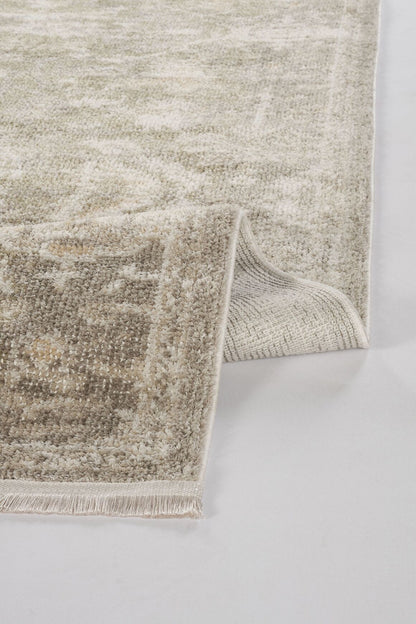 Lorenda LO 8441 Bej - Vintage Eskitme Yumuşak Dokulu, Antibakteriyel, Kaymaz Saçaklı Halı