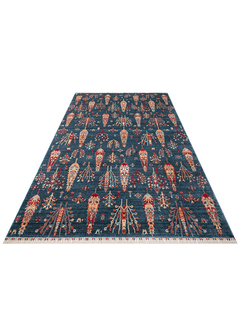 Zara ZR 08 NAVY TURQUOISE Otantik Desenli Özel Hav Vermeyen ve Kolay Temizlenebilir Tensel Kullanılarak El Emeği ile Özel Tezgahlarda Üretilen Modern Uşak Halısı 