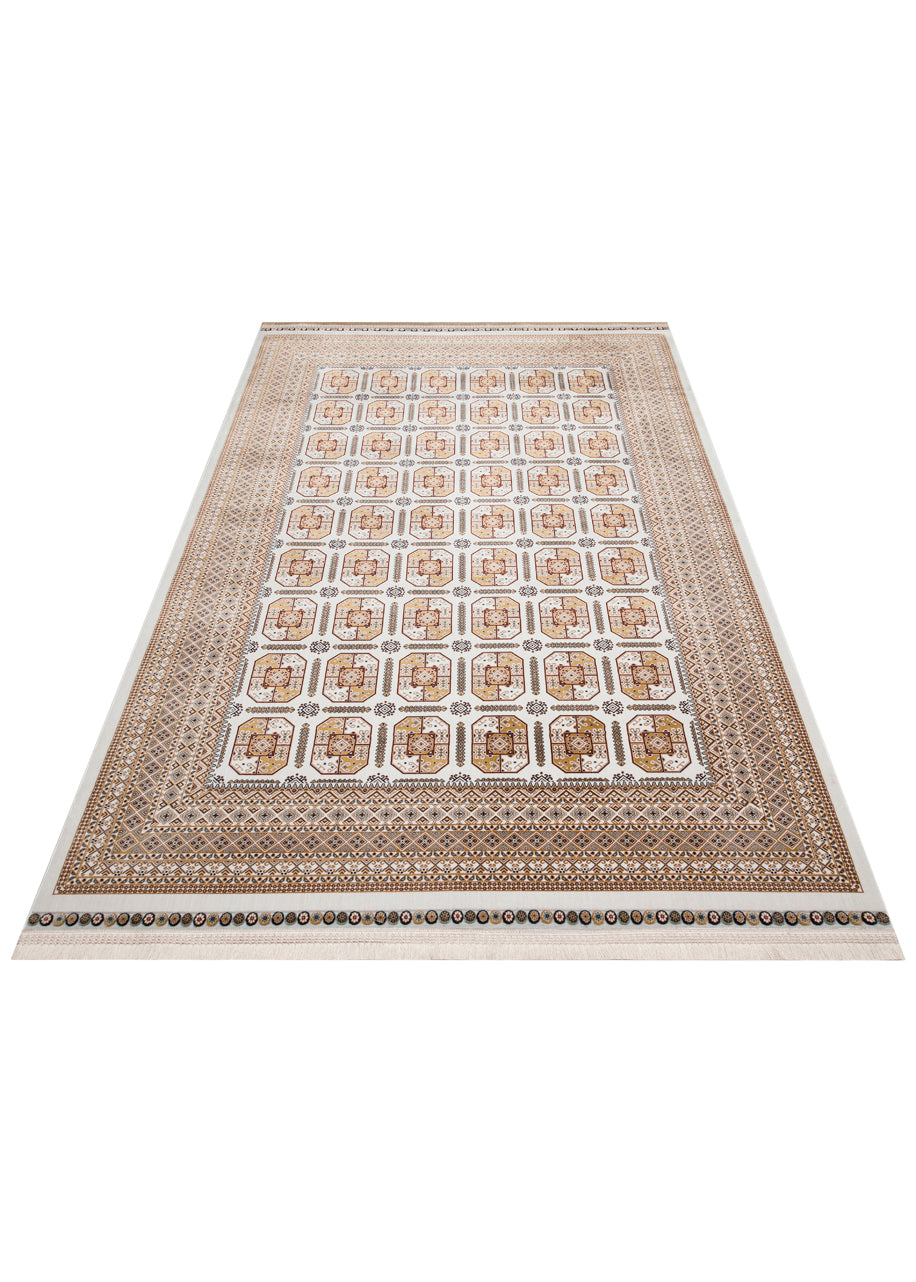 Sateen Afghan SFG 02 Bej Yıkanabilir Afgan Desenli Hav Toz Vermeyen Kaymaz Tabanlı Sık Dokuma Halı 