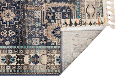 PR 07 BLUE  - PETRA - Hav Toz Vermez Etnik ve Modern Desenli Renkli Saçaklı Halı 